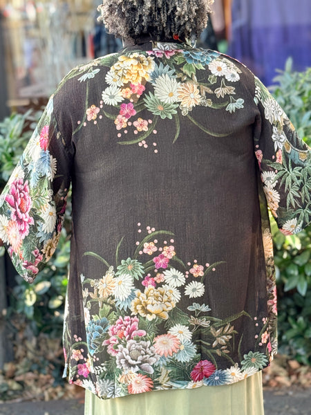 Citron Open Front Georgette Kimono-Vintage Flowers in Black