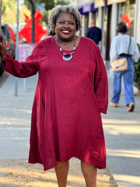 Pure Plus Linen Dress With Pockets- Wine