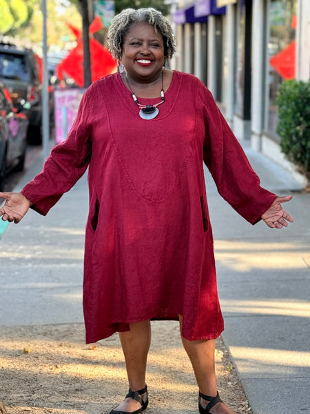 Pure Plus Linen Dress With Pockets- Wine