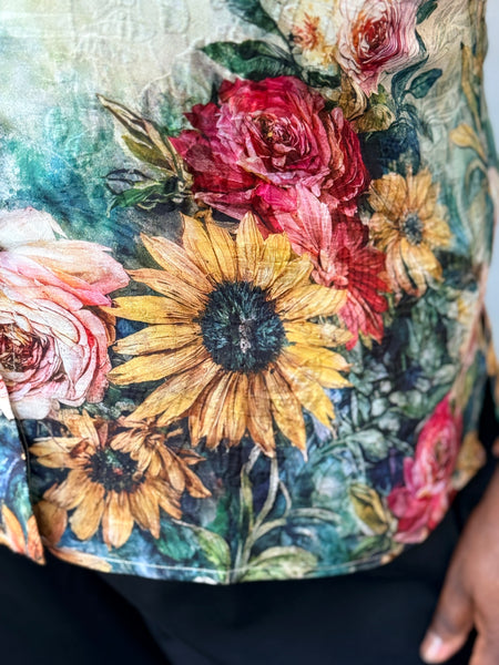 Citron Cap Sleeve Silk Blouse- Vintage Floral Art