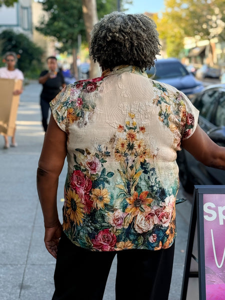 Citron Cap Sleeve Silk Blouse- Vintage Floral Art