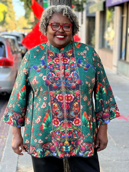 CItron Mandarin Tuck Blouse - Embroidery Butterflies Blossoms in Green