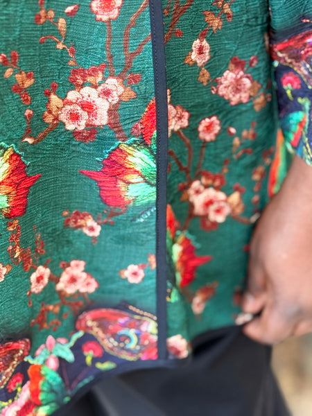 CItron Mandarin Tuck Blouse - Embroidery Butterflies Blossoms in Green