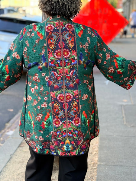 CItron Mandarin Tuck Blouse - Embroidery Butterflies Blossoms in Green