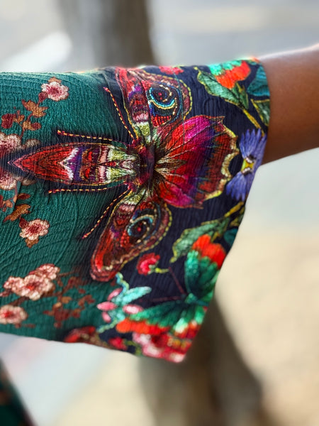 CItron Mandarin Tuck Blouse - Embroidery Butterflies Blossoms in Green