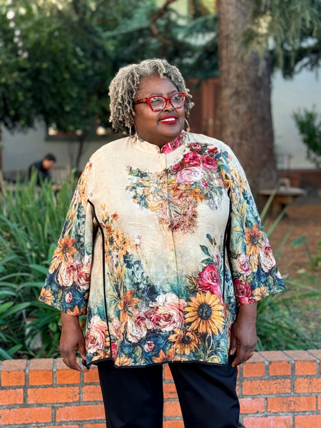 Citron Mandarin Tuck Blouse- Vintage Floral Art