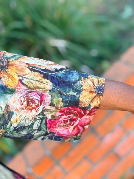 Citron Mandarin Tuck Blouse- Vintage Floral Art