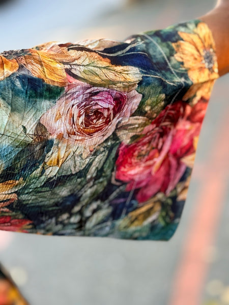 Citron Mandarin Tuck Blouse- Vintage Floral Art