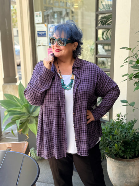 Cut Loose One SIze (XL) Crinkle Plaid Swing Shirt-Whisper