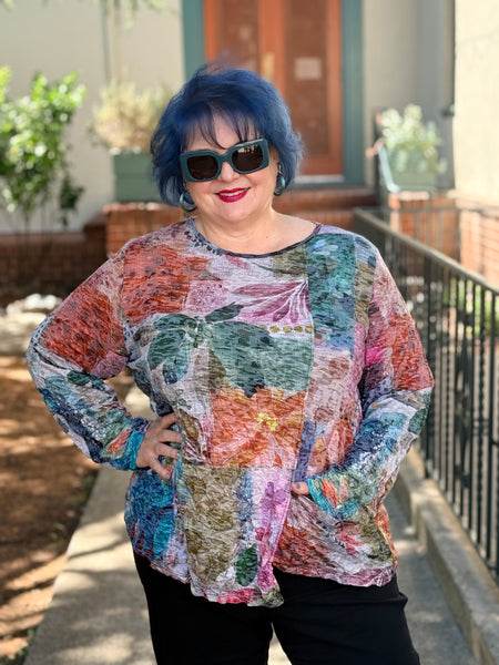 Jess and Jane Crushed Asymmetrical  Top with Button Accent-Amazonia