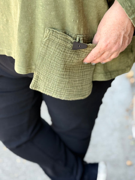 Jess and Jane Solid Mineral Washed Top with Gauze Pocket- Moss