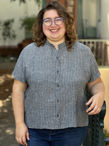 Eileen Fisher Linen Stripe Mandarin Collar -B/W