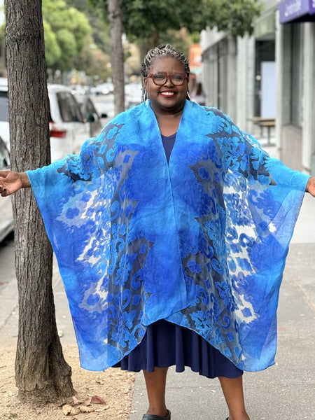 Spain In America Long Burnout Kimono- Turquoise/Royal