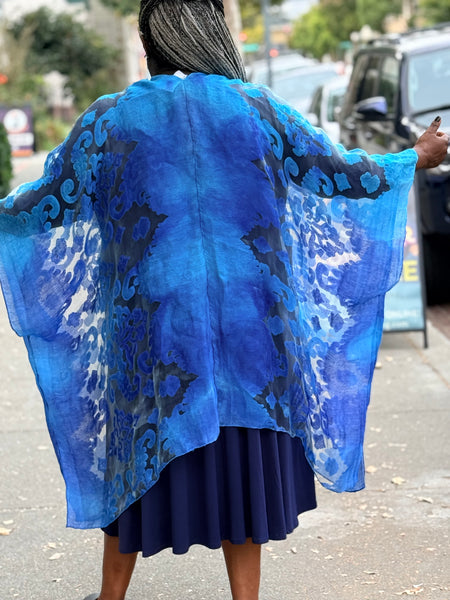 Spain In America Long Burnout Kimono- Turquoise/Royal