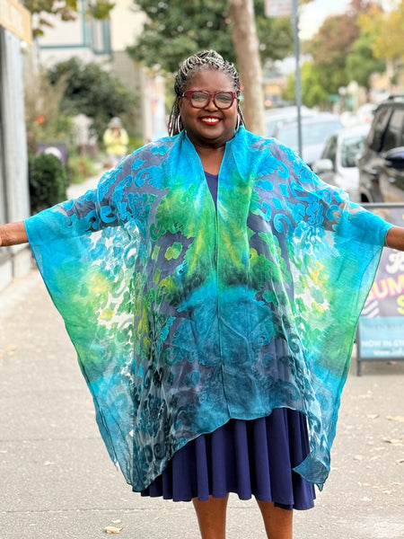 Spain In America Long Burnout Kimono-Turquoise/Green
