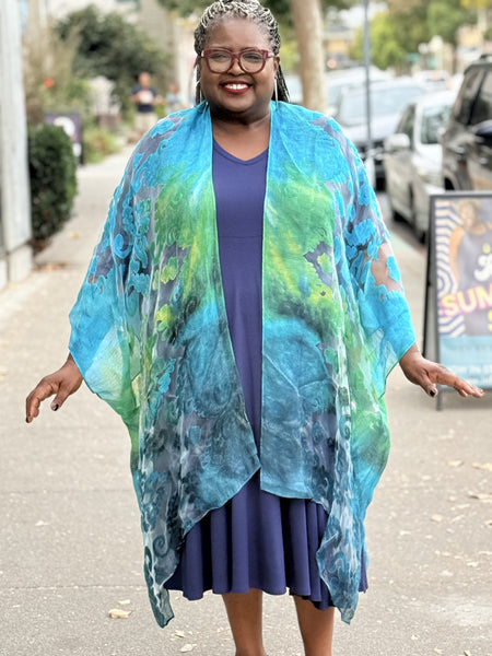 Spain In America Long Burnout Kimono-Turquoise/Green