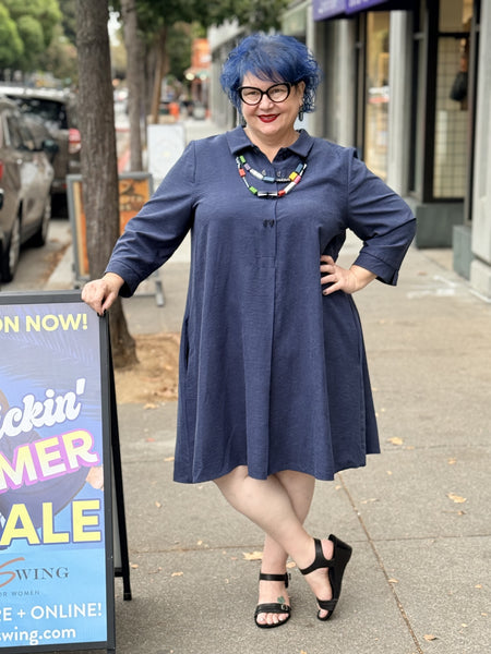 Niche Twin Button Dress- Navy Dune