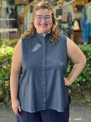 Eileen Fisher Airy Organic Cotton Twill Sleeveless Mandarin -Denim