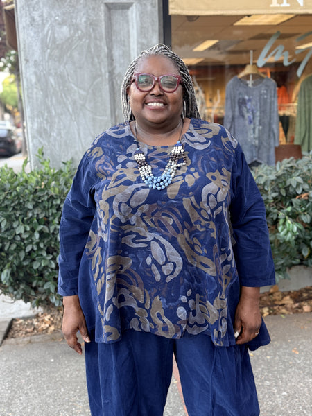 Transparente Pinwale Corduroy Print Tunic-Navy