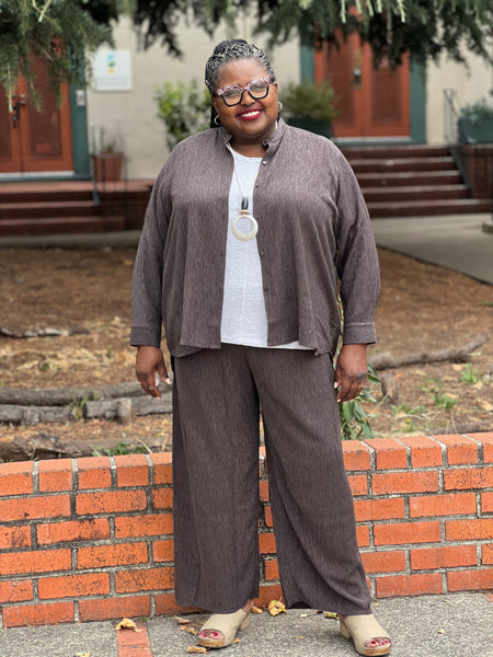 Eileen Fisher Plisse' Banded Collar Button Down- Rye