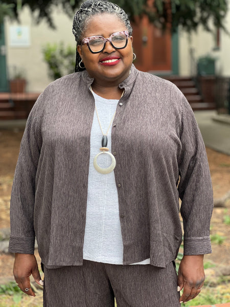 Eileen Fisher Plisse' Banded Collar Button Down- Rye