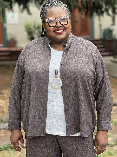 Eileen Fisher Plisse' Banded Collar Button Down- Rye