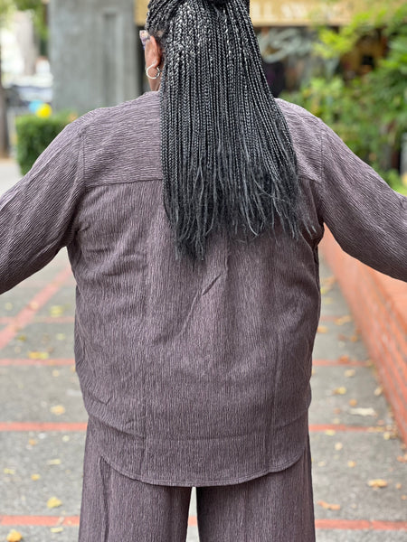 Eileen Fisher Plisse' Banded Collar Button Down- Rye