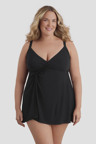 Longitude Twist Front Swimdress-Black