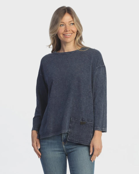 Jess and Jane Solid Mineral Washed Top Gauze Pocket-Denim