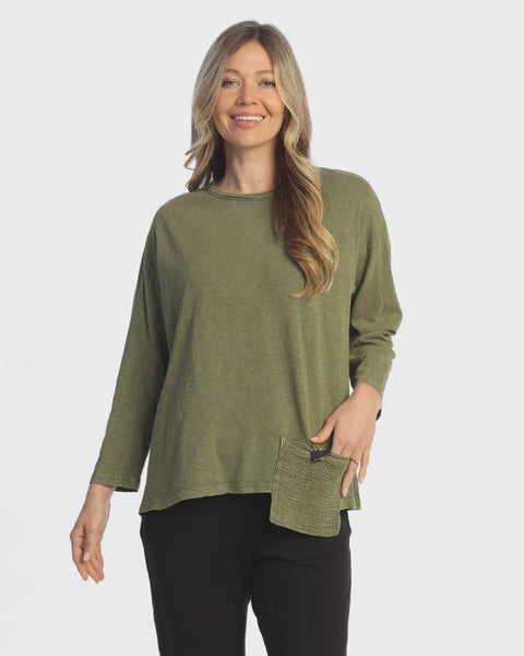 Jess and Jane Solid Mineral Washed Top with Gauze Pocket- Moss