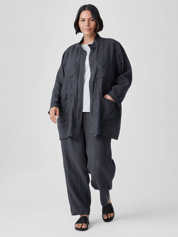 Eileen Fisher Washed Linen Delave Stand Collar Jacket-Graphite