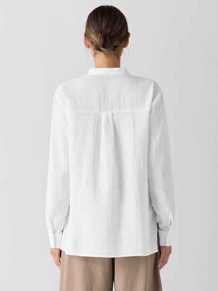 Eileen Fisher Organic Cotton Ripple Band Collar Shirt - White