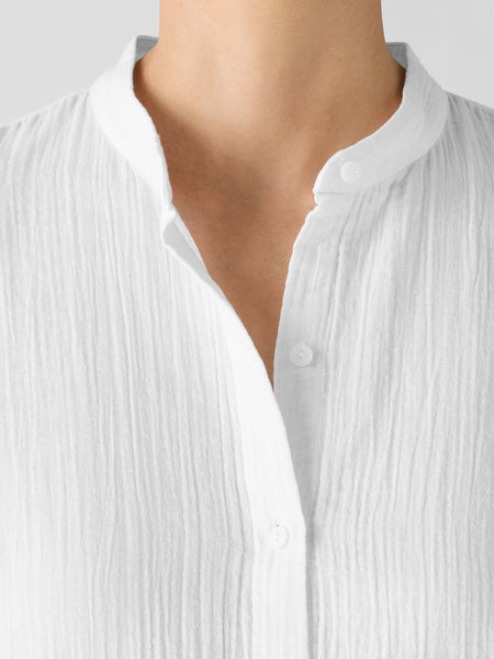 Eileen Fisher Organic Cotton Ripple Band Collar Shirt - White