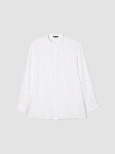 Eileen Fisher Organic Cotton Ripple Band Collar Shirt - White