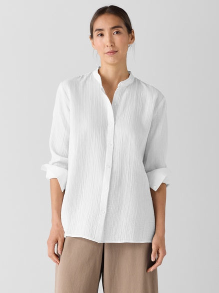 Eileen Fisher Organic Cotton Ripple Band Collar Shirt - White