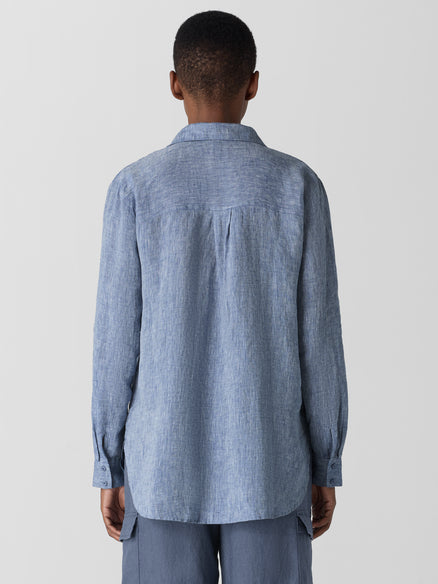 Eileen Fisher Yarn Dyed Handkercheif Linen Classic Collar Chambray Shirt