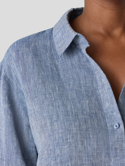 Eileen Fisher Yarn Dyed Handkercheif Linen Classic Collar Chambray Shirt