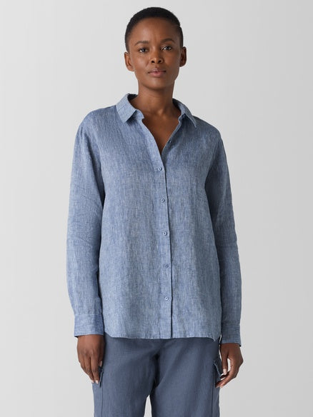 Eileen Fisher Yarn Dyed Handkercheif Linen Classic Collar Chambray Shirt