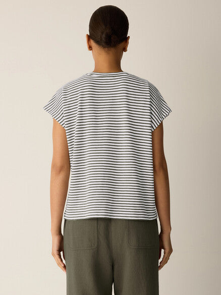 Eileen Fisher Striped Organic Cotton Slub Knit Tee-Olive