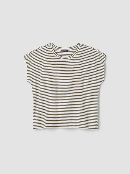 Eileen Fisher Striped Organic Cotton Slub Knit Tee-Olive
