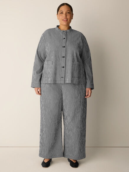 Eileen Fisher B/W Cotton Pucker Check Wide-Leg Pant