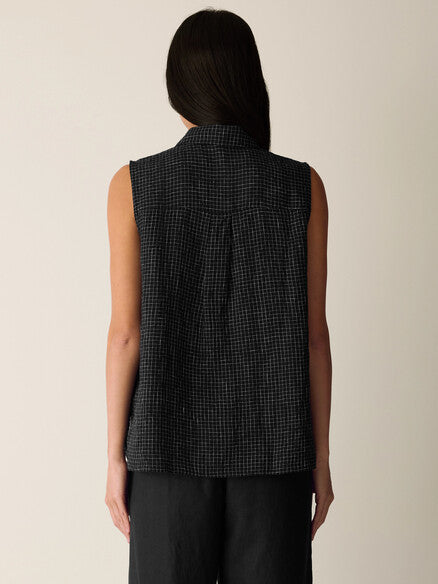 Eileen Fisher Puckered Linen Grid Sleeveless Shirt- B/W