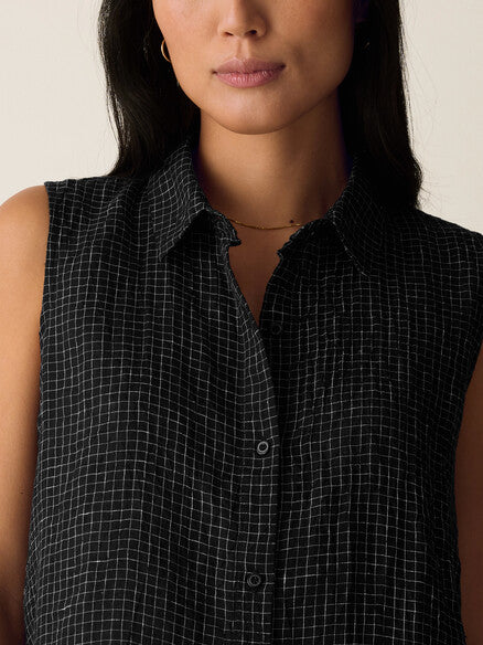 Eileen Fisher Puckered Linen Grid Sleeveless Shirt- B/W