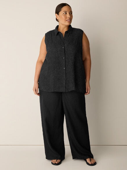 Eileen Fisher Puckered Linen Grid Sleeveless Shirt- B/W