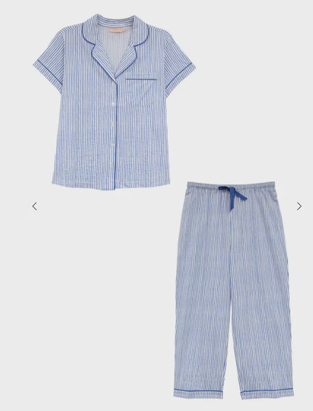 La Cera Cotton Knit Capri Pajama- Blue Pinstripe