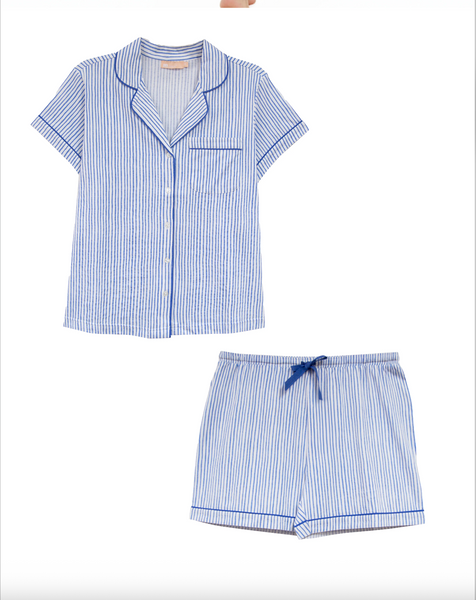 La Cera Cotton Knit Pinstripe Boxer Shorts Pajama Set- Blue