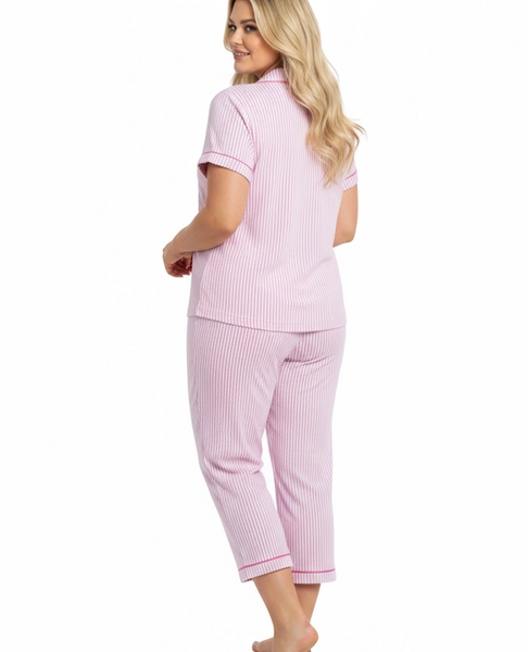 La Cera Cotton Knit Pinstripe Capri Pajama Set- Pink