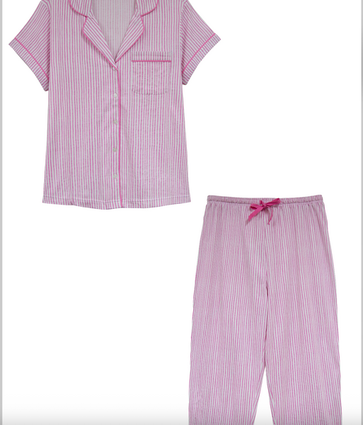 La Cera Cotton Knit Pinstripe Capri Pajama Set- Pink
