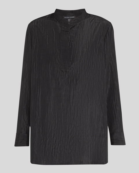 Eileen Fisher Crinkle Silk Mandarin Collar Tunic - Black