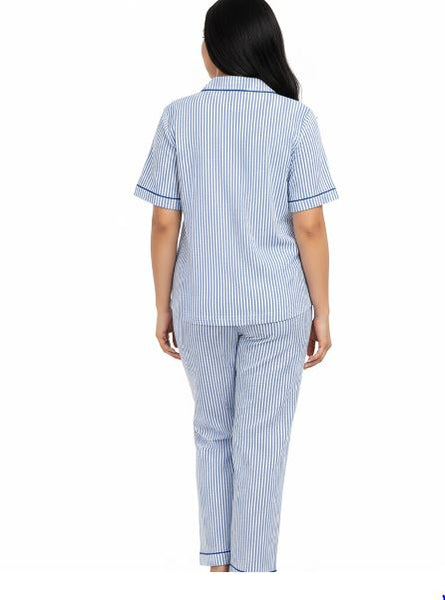 La Cera Cotton Knit Capri Pajama- Blue Pinstripe